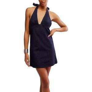 FREE PEOPLE Halter Mini Dress Trevi Black Denim Sleeveless Plunging Halter NWT